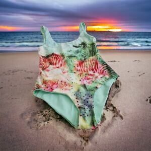 Gypsea Swimwear Women Sz 10 One Piece Reversible Tank Swimsuit Zebra Print Green